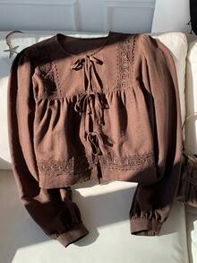 Comfortcana 女式纯色撞色蕾丝前领带长袖时尚衬衫 - 咖啡棕 - 查看 4