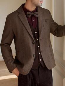 Calvornis 男士时尚正式派对单排扣撞色翻领长袖卡其色西装外套 - 咖啡棕 - 查看 4