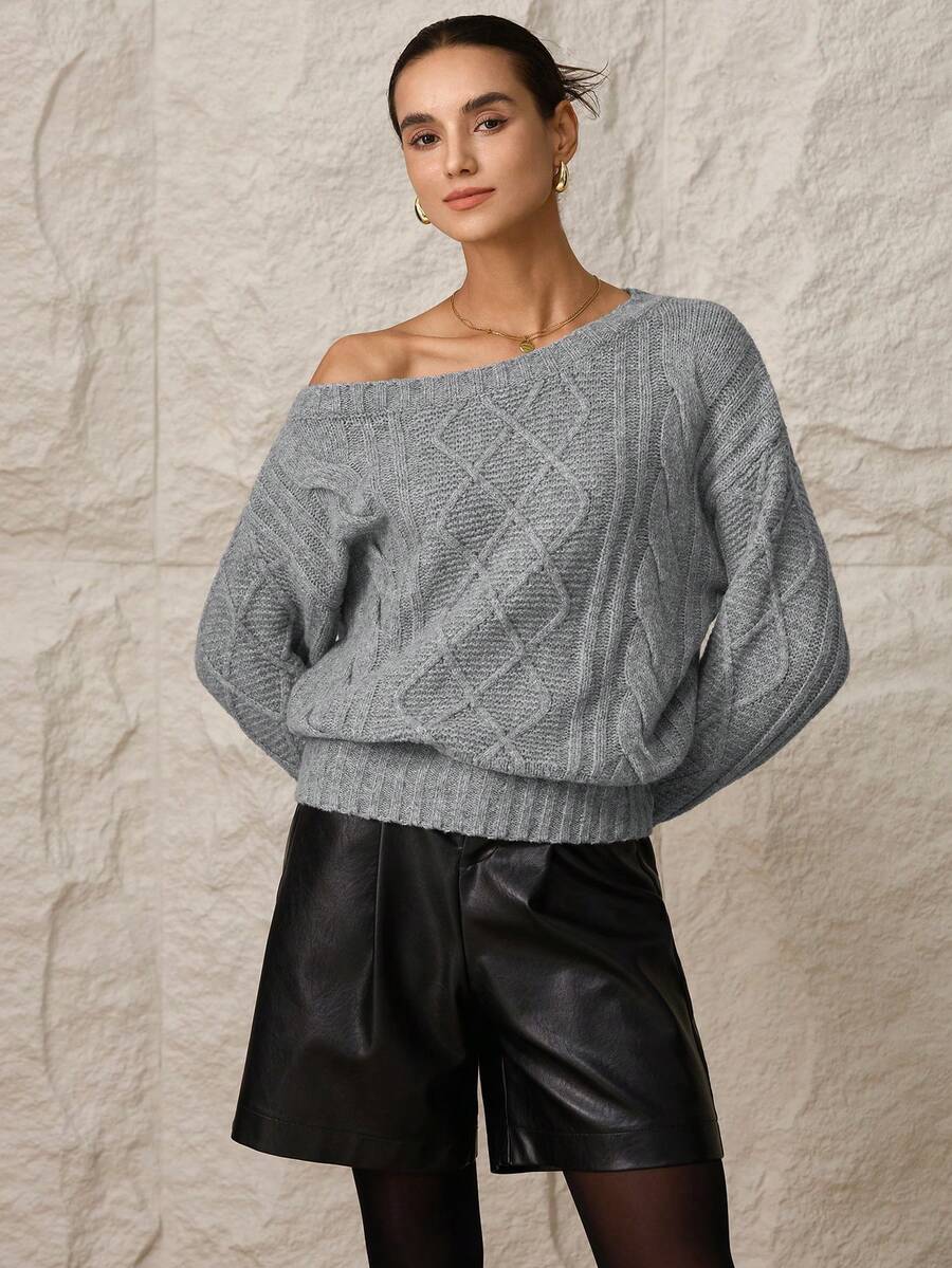 Modelyn Women's Asymmetrical Shoulder Sweater With Tie Neck - Grey - View 1