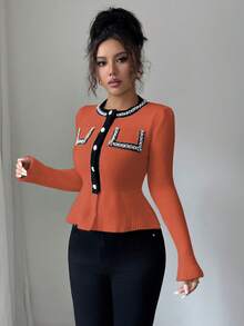 Elenzga Women's Contrast Color Faux Pearl Waist Ruffle Hem Knit Cardigan - Orange - View 4
