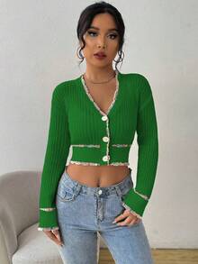 Chiquease Women's Elegant Autumn Contrast Trim Button Front Dropped Shoulder Ribbed Knit Cardigan - Dark Green - View 6