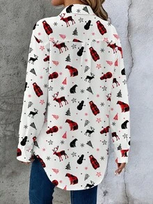 SHEIN LUNE Women's Long Sleeve Christmas Shirt,White Casual Summer Autumn Winter Plaid Elk Snowflake Christmas Tree Pattern,Family Santa Claus Vintage Party - Multicolor - View 5