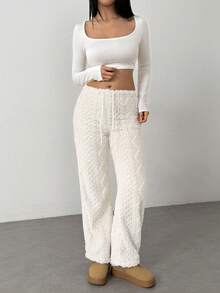 Flirla Women's Solid Color Drawstring Straight Leg Casual Fleece Warm Pants - White - View 3