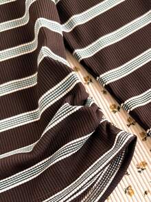 SHEIN 少女条纹罗纹撞色二合一纽扣腰褶皱针织弹力长袖圆领T恤，休闲居家，返校季 - 彩色 - 查看 6