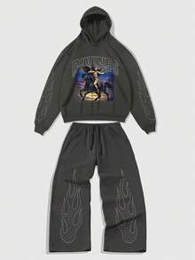ROMWE MEN Street Life Conjunto de sudadera con capucha y pantalones rectos holgados de estilo casual urbano para hombre - Gris Oscuro - Ver 1