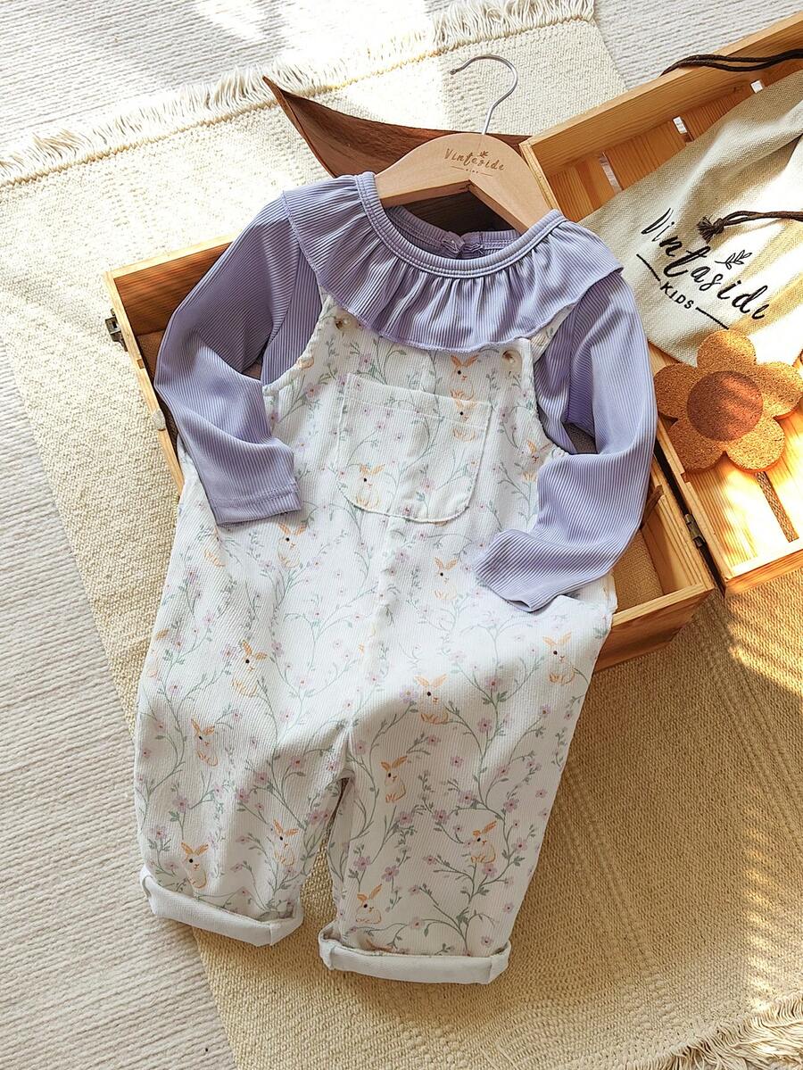 Vintaside Kids Baby Girls Two Pieces Set Features A Round-Neck Long-Sleeved Top And Overalls For Spring And Autumn. - Mauve Purple - View 1