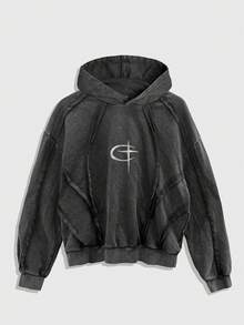 ROMWE MEN Street Life Men's Graphic Print Casual Pullover Hoodie, Long Sleeve Top - Black - View 1