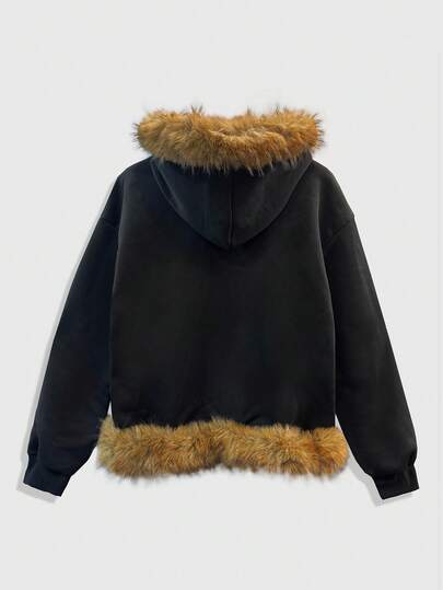 Sudadera con capucha de manga larga con hombros caídos para hombre, con cierre de cremallera y cuello de piel, casual para otoño/invierno