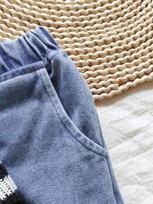 Vintaside Kids 2pcs/Set Girls Striped Sweatshirt & Soft Denim Pants Outfit, Countryside Style, Suitable For Spring, Autumn & Winter - Black and White - View 7