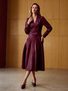 MOTF PREMIUM 女士冬季勃艮第色 PU 皮革连衣裙 - 酒紅色 - 查看 4