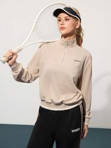 CourtClass Letter Print High Collar Half Zip Long Sleeve Pullover Sweatshirt Women S Athleisure Hiking Tops Women Outdoor Sports Top Sportswear For Women Golf Tops For Woman Athleisure Tops - Khaki - View 3