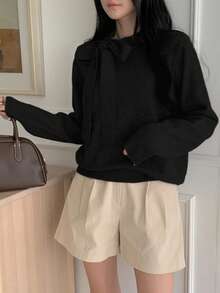 DAZY 秋季新款纯色休闲蝴蝶结领带女毛衣 - 黑色 - 查看 3