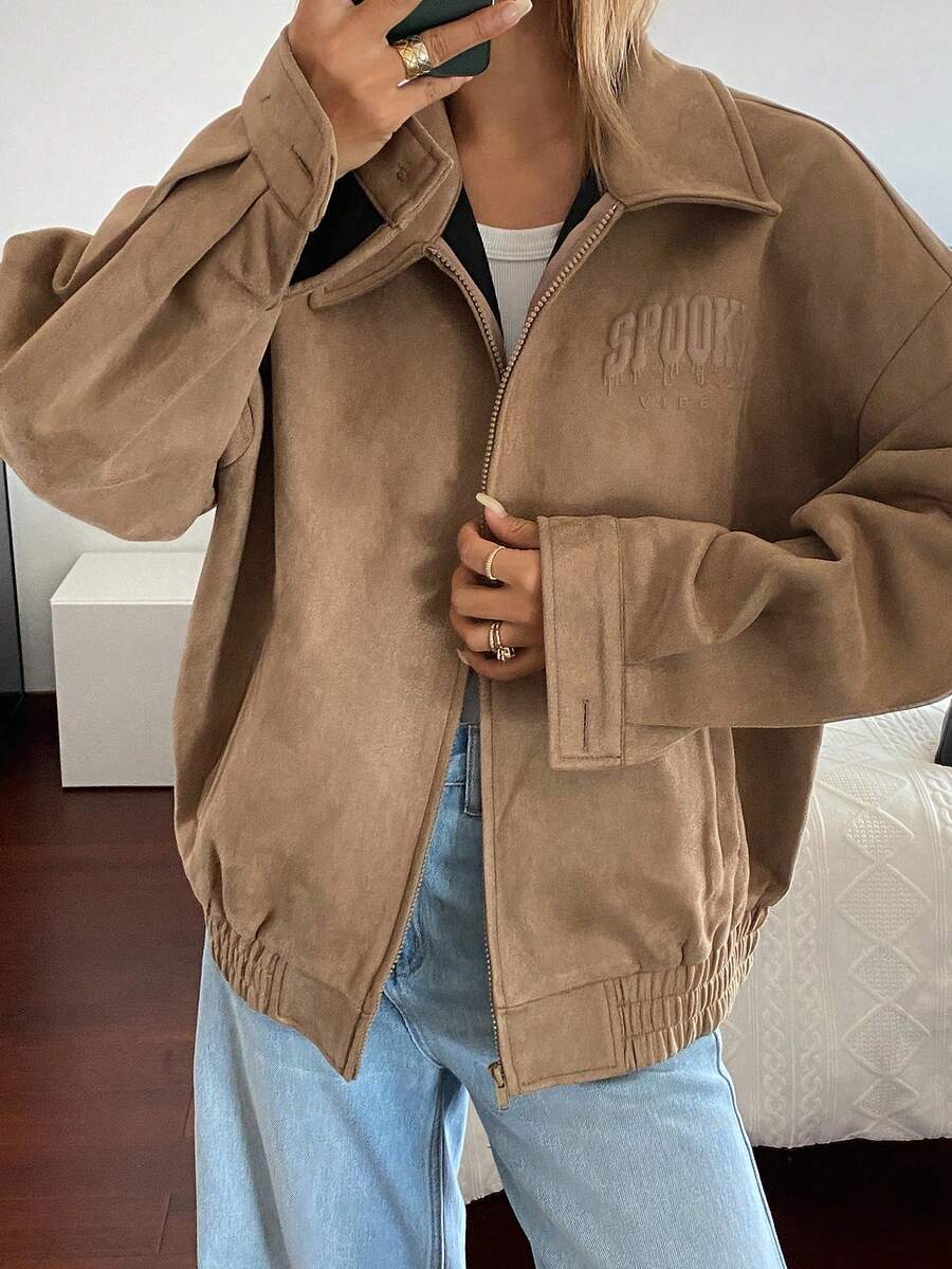 DAZY Damen Lässig Loose Fit Wildleder-Optik Jacke, Outdoor Street Style Mode, Herbst/Winter Damen Mäntel - Khaki - Übersicht 1