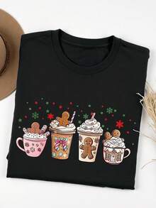 EMERY ROSE Christmas Coffee Gingerbread Printed Casual Plus Size T-Shirt - Black - View 3
