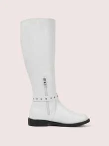 CUCCOO DOLLMOD 女式中筒靴，圆头金属扣，时尚经典百搭 - 白色 - 查看 10