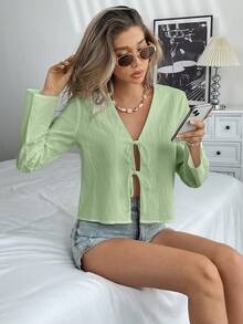 Pariaura 秋季女装休闲纯色系带宽松衬衫，春季休闲款 - 綠色 - 查看 3