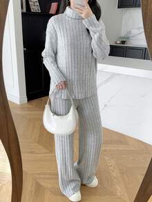 SHEIN 青少年女孩针织坑条高领落肩T恤和裤子，适合秋冬季居家休闲通勤外出 - 灰色 - 查看 3