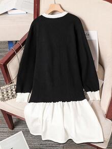 SHEIN Tween Girl Black And White Knitted Patchwork Dress,Elegant Autumn Long Sleeve Single-Breasted Faux Button Design,Back-To-School Graduation Uniform - Multicolor - View 2