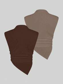 Sweetra Bộ 2 áo hai dây màu trơn đơn giản, thoải mái khi đi làm, mùa hè dành cho nữ, cổ nhún, viền bất đối xứng - Nhiều màu - Xem 2