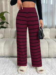 SHEIN LUNE Ensemble pantalon et pull tricoté casual bicolore pour femmes - Rouge foncé - Voir 3