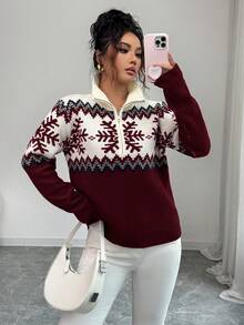 SHEIN Elenzya 优雅女士费尔岛图案拼色拉链毛衣，圣诞节设计，秋冬 - 酒紅色 - 查看 4