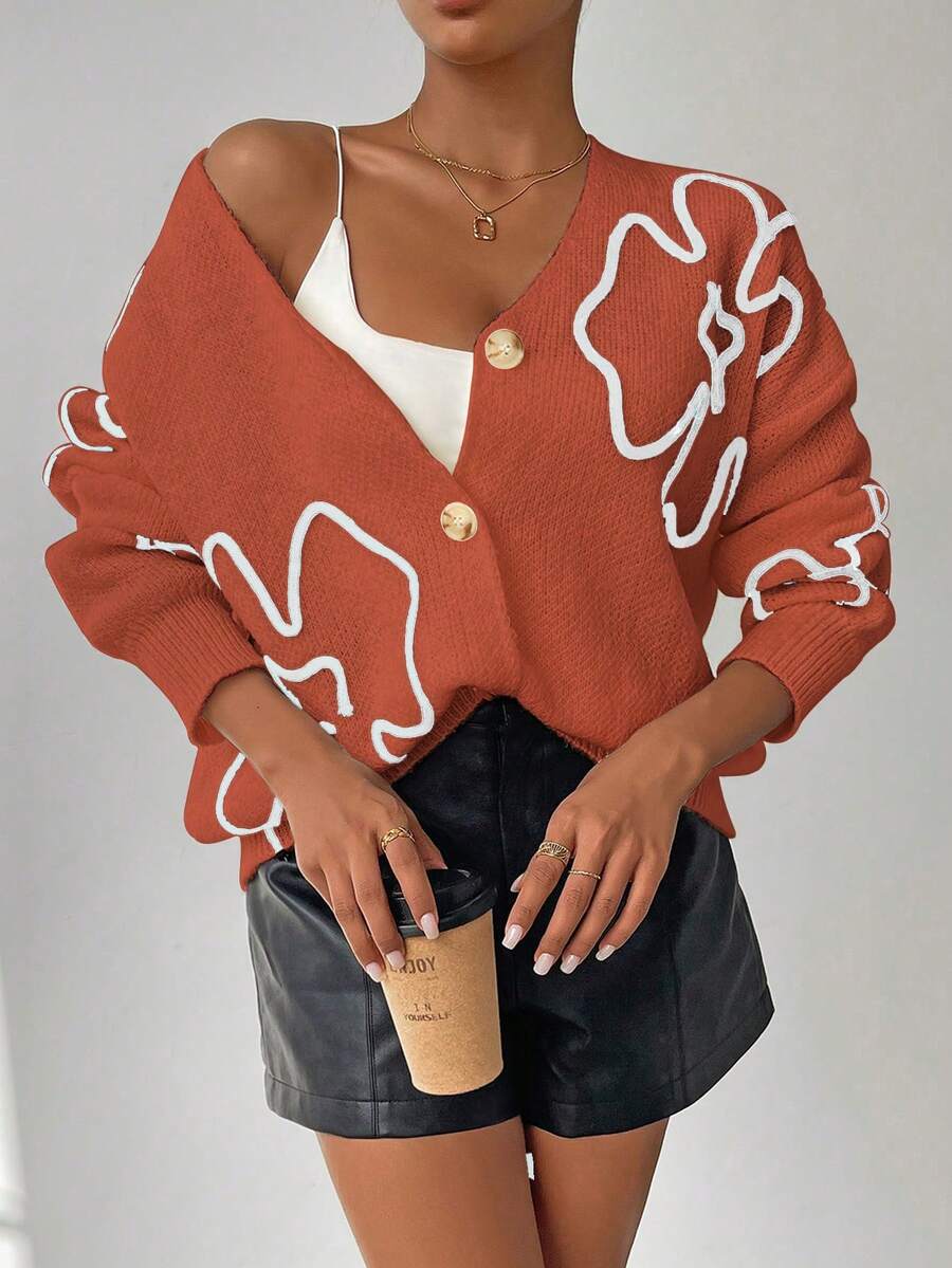 SHEIN Unity Women's Contrast Color Applique V-Neck Button Front Long Sleeve Cardigan - Orange - View 1