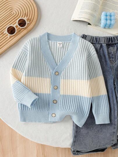 SHEIN 男童拼色休闲长袖开衫