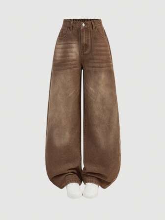 SHEIN 复古蓝黄宽松阔腿牛仔裤，适合少女