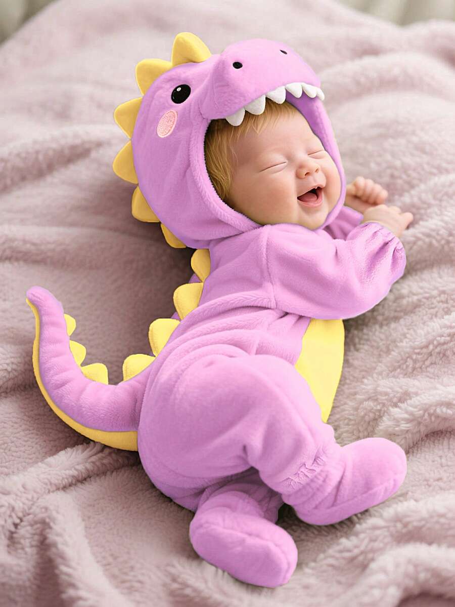 SHEIN Newborn Cute Funny Crystal Plush 3D Dinosaur Shaped Romper With Long Sleeve And Pants - Mauve Purple - View 1