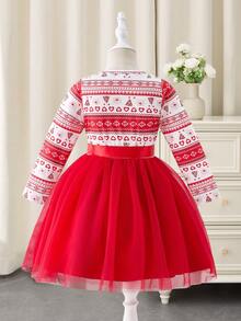Glamorique Kids Young Girl's Christmas Heart & Snowflake Print Contrast Mesh Hem Cute Long Sleeve Dress - Red - View 2