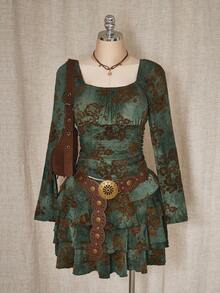 SHEIN ICON 大码复古扎染绿色中长裙，适合秋季、度假、约会、海滩穿着，也可作为秋季西部风嬉皮裙穿着。 - 綠色 - 查看 2