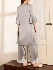 成熟法式优雅性感缎面蕾丝女士睡衣套装 - 淺灰色 - 查看 2