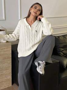 DAZY Jersey de punto de cable con cuello en V para mujer, diseño de cuello bordado, corte holgado, otoño/invierno - Albaricoque - Ver 6