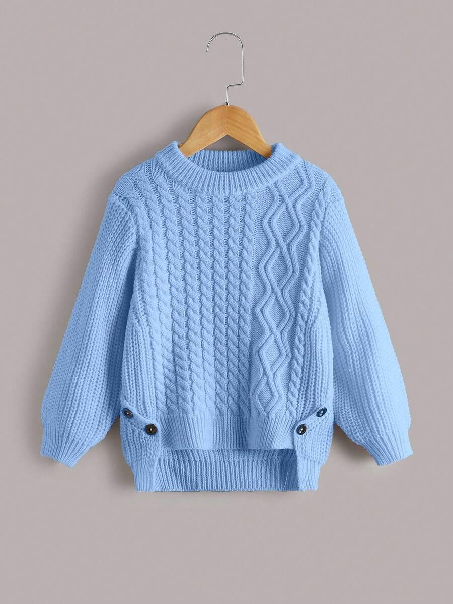SHEIN 年轻女孩和年轻女孩毛衣,优雅可爱的粗针织不对称下摆纽扣饰边套头衫,柔软高品质休闲百搭毛衣,适合学校、户外、秋冬 - 淺藍色 - 查看 1