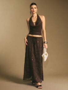 女式抽绳腰部亮片鱼尾裙 - 棕色 - 查看 8