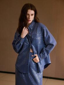 MOTF PREMIUM SEQUIN FRONT BUTTON DENIM SHIRT, AUTUMN/WINTER - Blue - View 5