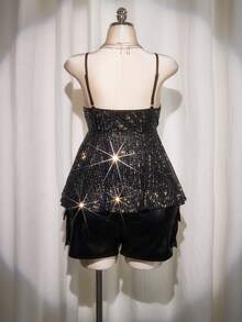 SHEIN ICON 大码 V 领亮片吊带背心、亮片娃娃背心、亮片派对上衣 - 銀色 - 查看 2