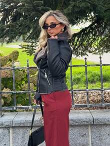 Jeta Ari Black PU Leather Faux Rabbit Fur Collar Jacket For Women - Black - View 5