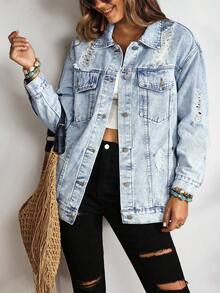 EMERY ROSE 纽扣蓝色前盖口袋落肩牛仔夹克 - 淺色水洗藍 - 查看 10