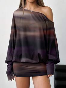 Aloruh Batik-Muster sexy asymmetrische Schulter Langarm Bodycon Mini Kleid für Musikfestivals, Herbst/Winter Batik Mini Kleid