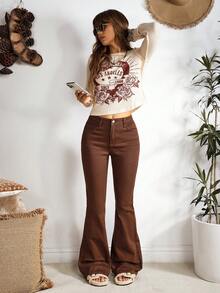 EMERY ROSE Women's Pocketed Flare Casual Versatile Jeans - Coffee Brown - View 6
