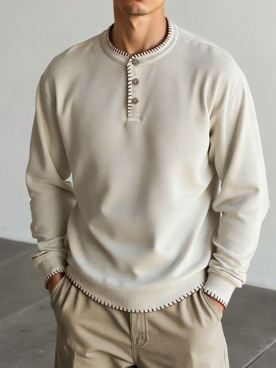 INAWLY Men's Casual Fashionable Contrast Trim Sweatshirt - Apricot - View 1