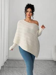 Elenzga Plus Size Asymmetrical Gigot Sleeve Loose Knit Sweater, Solid Color, Off-Shoulder, Winter - Beige - View 3