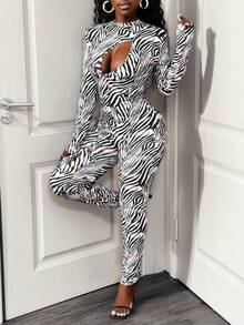 BamGleam Women's Fashion Sexy Zebra Print Hollow Out Bodycon Jumpsuit - Multicolor - View 5