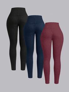 Airaco 3pcs Solid Color Ribbed Leggings For Women - Multicolor - View 2