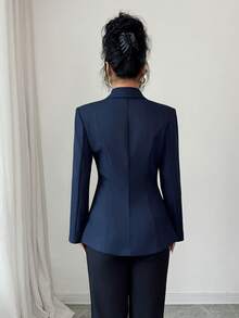 Modelyn Áo khoác blazer nữ tay dài xếp ly màu xanh navy dệt chéo thanh lịch và thời trang - Màu xanh hải quân - Xem 2