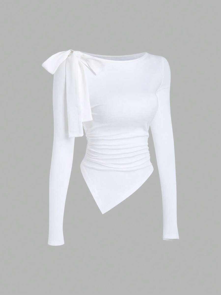 Sweetra Women's New Casual Round Neck Solid Color Coffee Brown Shoulder Tie Bow Decor Asymmetrical Hem Waist Ruched Long Sleeve T-Shirt, Suitable For Commuting And Outings In Spring, Summer And Autumn - White - View 1