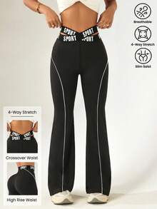 Dewbera 女式交叉腰字母印花撞色边喇叭腿运动裤 - 黑色 - 查看 1