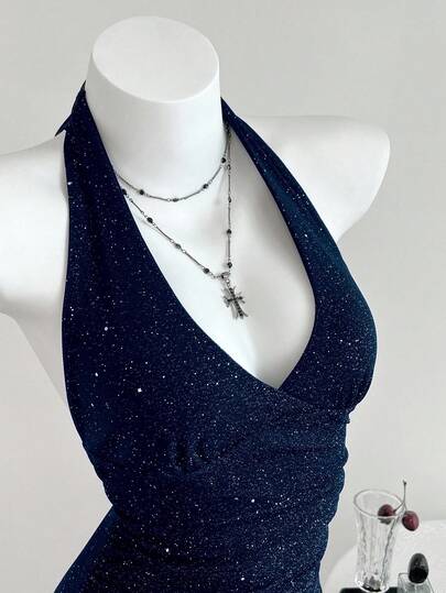 Elamini Versatile Deep V-Neck Metallic Bodysuit, Suitable For Spring, Summer, Autumn And Winter