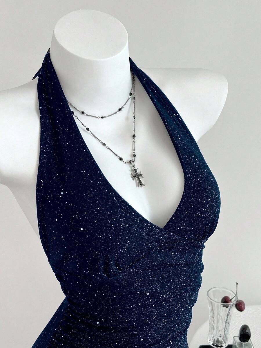 Elamini Versatile Deep V-Neck Metallic Bodysuit, Suitable For Spring, Summer, Autumn And Winter - Navy Blue - View 1